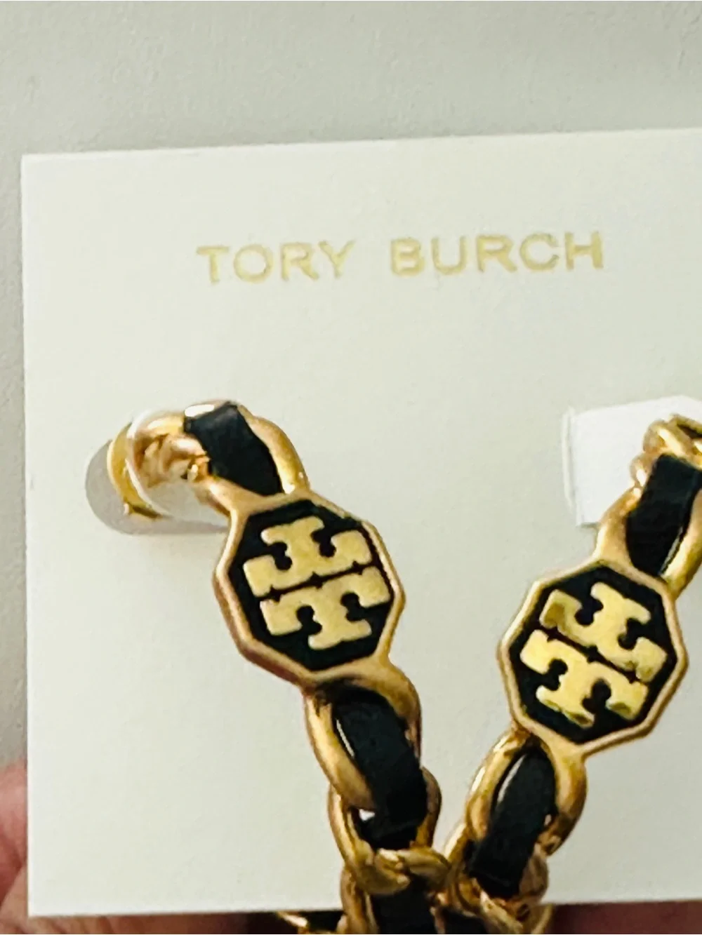 Tory Burch Black and Gold Chain Hoop Earrings